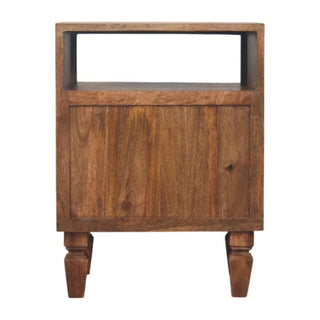 Rear view of the golden teak bedside unit, showing the solid back panel, open shelf, and turned legs.