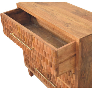 Detail showing the top drawer of the teak chest pulled out, revealing the drawer box interior.