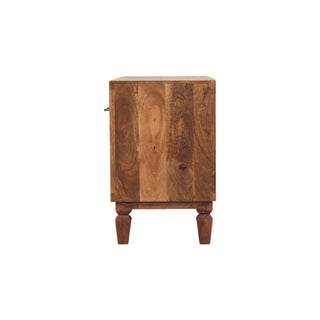 Side profile of the golden teak shoe storage unit showing the rich wood grain and turned feet.