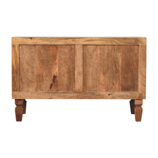 Rear view of the golden teak shoe storage unit, showing the panelled back and turned feet.
