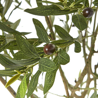 Close up detail of the artificial olive tree leaves and dark brown olives.