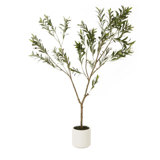 Full view of the artificial olive tree with slender branches, green leaves, and dark olives, standing in a white cylindrical pot.