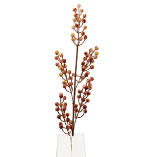 Decorative stem featuring clusters of small brown and pale yellow artificial berries, shown in a clear holder.