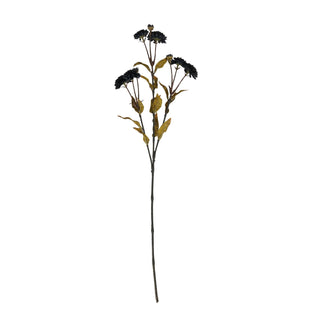 Full view of the artificial black chrysanthemum stem with dark leaves on a white background.