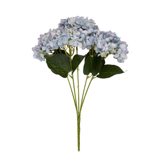 Artificial blue hydrangea bunch with green stems and leaves, isolated on a white background.