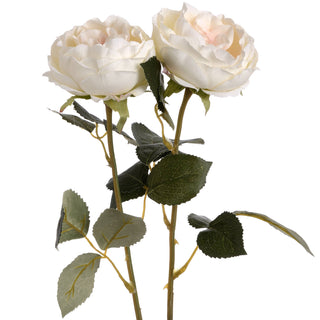 Two artificial blush rose stems with textured green leaves and thorny details against a white background.