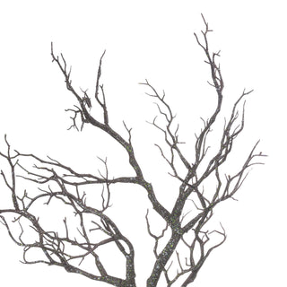 Close-up view of the dark, textured artificial branches, highlighting the fine twigs and mossy green detail.