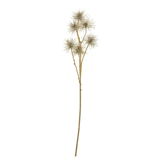 Plain front-on view of the artificial brown xanthium spray stem with five spiky seed heads against white.