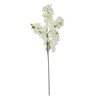 Full view of the artificial white cherry blossom stem on a white background.