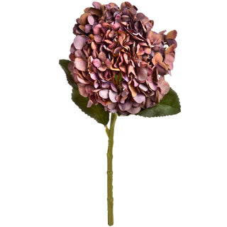 Single artificial hydrangea stem featuring a variegated coffee and purple flower head and two dark green leaves.