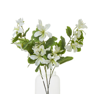 Full view of the artificial cream Bauhinia stem spray arranged in a clear glass vase.