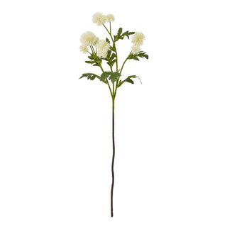 Plain front-on studio shot of a single artificial cream globe thistle stem with green foliage.