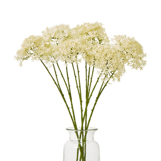 Artificial cream hydrangea stems displayed together in a clear glass vase.