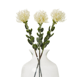 Three artificial cream protea sprays with green leaves displayed in a clear glass vase.