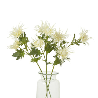 A cluster of artificial cream sea holly stems with green leaves arranged in a clear glass vase.