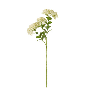 Artificial cream sedum spray with three flower heads and green leaves on a long stem, shown front-on against white.