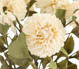 Close-up of a cluster of artificial cream dahlia blooms and buds against a bright white background.