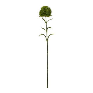 Full length, plain front-on view of the artificial dark green dianthus floral stem against a white background.