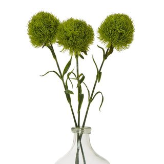 Three light green artificial dianthus stems displayed together in the neck of a clear glass bottle.