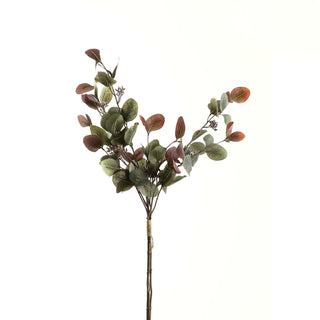 Variegated artificial eucalyptus stems tied with twine, photographed on a white background.