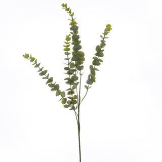 Plain studio shot of an artificial eucalyptus spray with multiple stems of small, rounded green leaves against a white background.