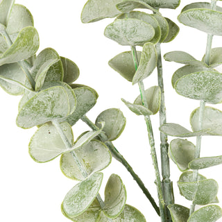 Detailed view of the artificial eucalyptus spray, highlighting the rounded, pale green leaves and frosted texture.