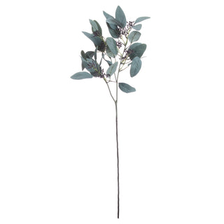 Artificial eucalyptus stem shown full length, featuring blue-green leaves and dark seeded clusters at the top.