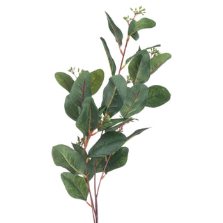 Single artificial eucalyptus stem with dark green leaves, reddish veins, and small seed pods.