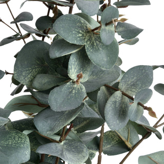 Close detail of the textured, variegated blue-green artificial eucalyptus leaves against a white background.