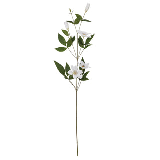 Single artificial clematis stem featuring white flowers, closed buds, and dark green foliage.