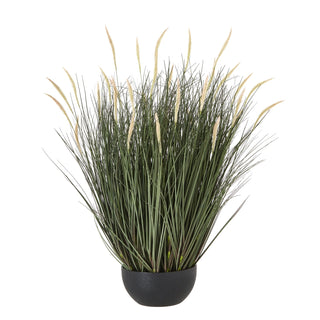 Artificial dark green fountain grass with pale flower spikes, displayed front-on in a textured black rounded pot.