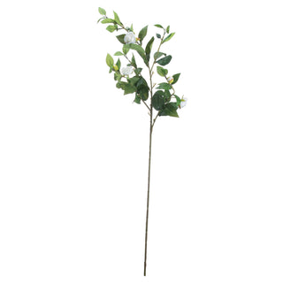 Single artificial gardenia stem with cream flowers and dark green foliage, photographed on a white background.