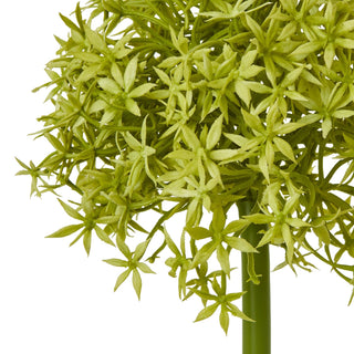 Detailed view of the artificial allium head, highlighting the lime green star-shaped florets and green stem.