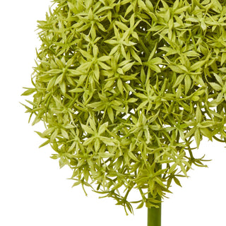 Close-up detail of the artificial allium flower head, showing the lime green star-shaped florets.