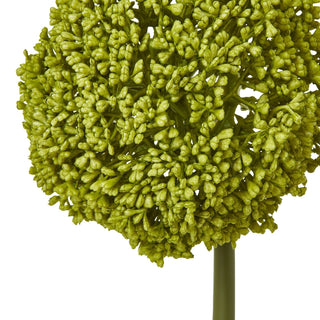 Detailed view of the artificial allium's spherical head, showing the tightly packed green florets.