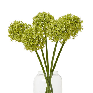 Four artificial lime green allium stems arranged in a clear glass vase.