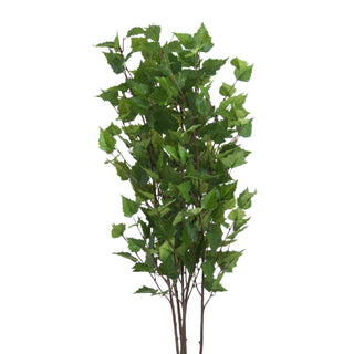 Artificial green branch spray with small serrated leaves and thin brown stems, studio shot.