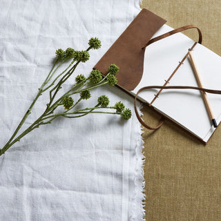 Artificial green Craspedia stem styled on white linen beside a leather notebook and pencil.