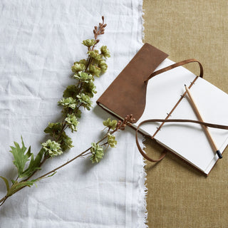 Green hops stem styled on white linen and brown fabric, next to an open leather journal and pencil.