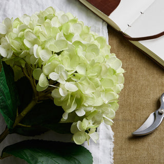 Close-up of the artificial green hydrangea flower head, highlighting the pale green and white petal texture.