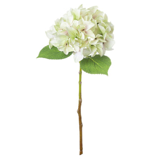 Full view of the artificial green hydrangea stem, showing the flower, leaves, and brown textured stem.