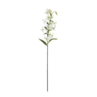 Full length front-on view of the artificial lily stem with multiple white flowers and green leaves.