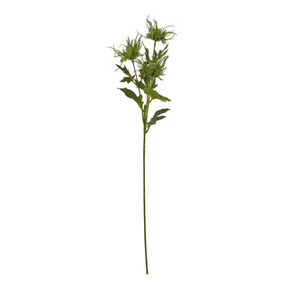 Artificial green sea holly decorative spray showing the long stem, leaves, and three spiky flower heads on a white background.