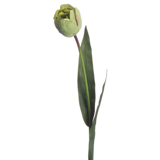 Artificial vibrant green tulip single stem shown vertically against a plain white background.