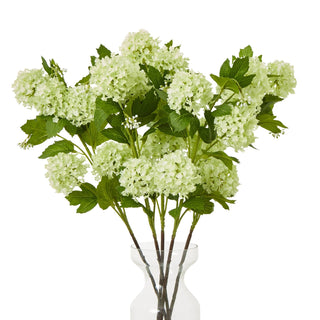 Multiple artificial viburnum stems arranged in a clear glass vase against a white background.