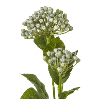 Detailed view of artificial hydrangea spray showing textured buds and veined green leaves.