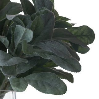 Tight shot of the upper portion of the fuzzy, dark grey-green artificial lambs ear foliage.