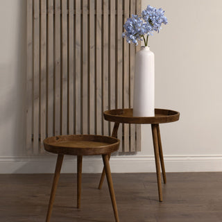 Light blue agapanthus stems in a white vase on a wooden side table, styled against a slatted wood panel.