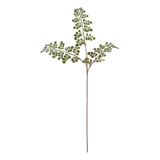 Plain front-on view of a single artificial maidenhair fern stem with delicate dark green leaves on a long brown stalk.