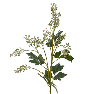 Artificial spray with dark green lobed leaves and clusters of pale green buds, plain front-on shot.